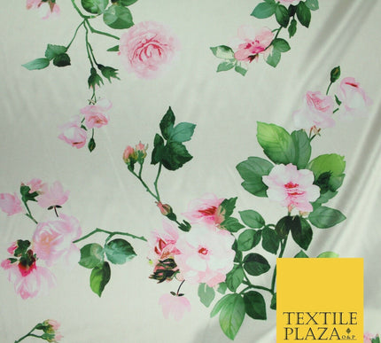 PREMIUM Oyster Floral Pink Roses Silky SATIN Print Crepe Dress Fabric 60" 6363