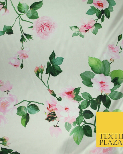 PREMIUM Oyster Floral Pink Roses Silky SATIN Print Crepe Dress Fabric 60" 6363