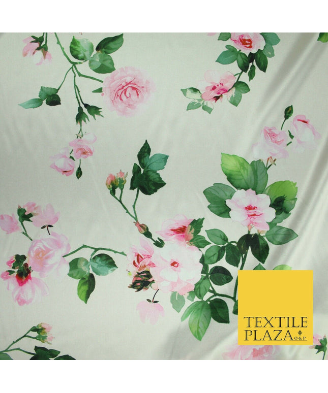 PREMIUM Oyster Floral Pink Roses Silky SATIN Print Crepe Dress Fabric 60" 6363