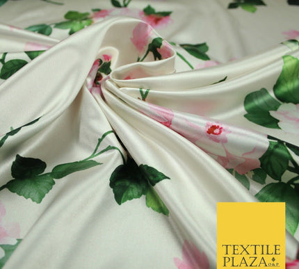 PREMIUM Oyster Floral Pink Roses Silky SATIN Print Crepe Dress Fabric 60" 6363
