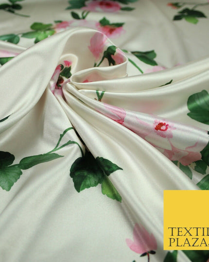 PREMIUM Oyster Floral Pink Roses Silky SATIN Print Crepe Dress Fabric 60" 6363