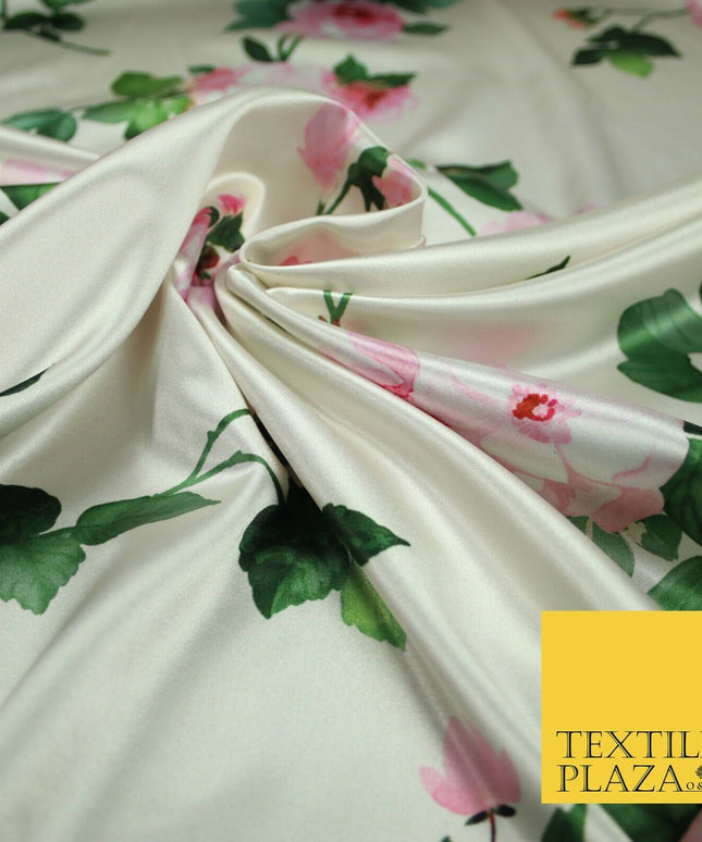 PREMIUM Oyster Floral Pink Roses Silky SATIN Print Crepe Dress Fabric 60" 6363