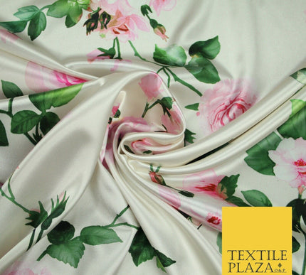 PREMIUM Oyster Floral Pink Roses Silky SATIN Print Crepe Dress Fabric 60" 6363