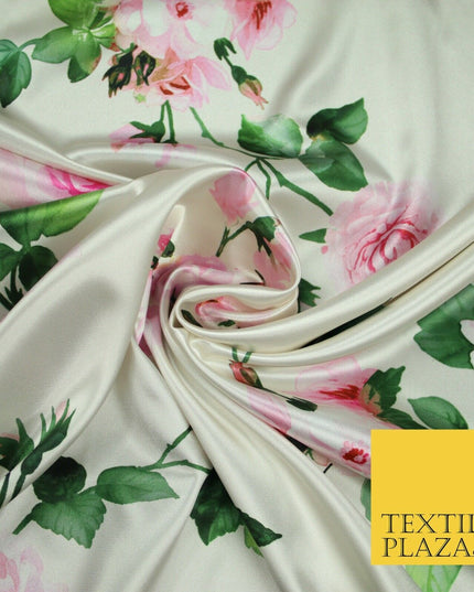 PREMIUM Oyster Floral Pink Roses Silky SATIN Print Crepe Dress Fabric 60" 6363