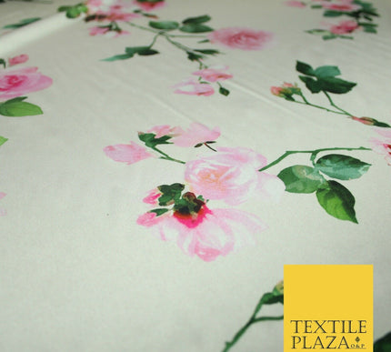 PREMIUM Oyster Floral Pink Roses Silky SATIN Print Crepe Dress Fabric 60" 6363