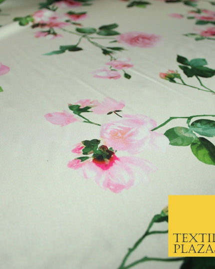 PREMIUM Oyster Floral Pink Roses Silky SATIN Print Crepe Dress Fabric 60" 6363