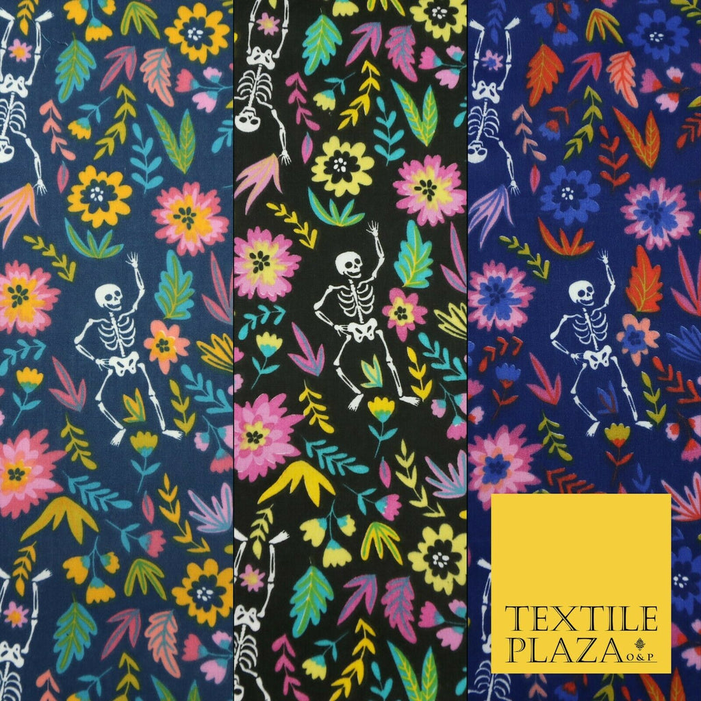 Dancing Skeletons Day of the Dead HALLOWEEN Printed Polycotton Fabric 45" Wide