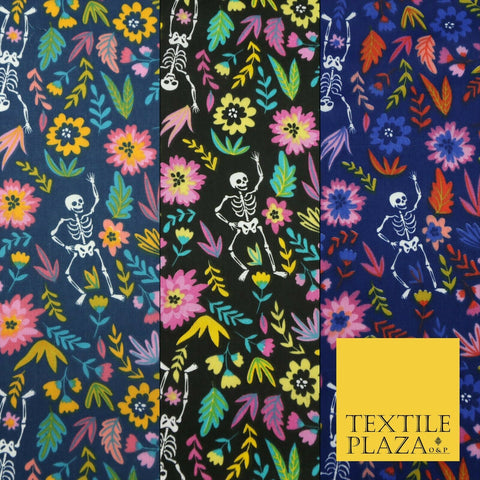 Dancing Skeletons Day of the Dead HALLOWEEN Printed Polycotton Fabric 45" Wide