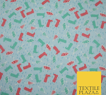 Blue Wellies & Umbrella Rain Printed Poly Cotton Fabric Polycotton Craft 6364