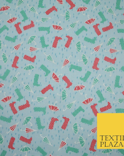 Blue Wellies & Umbrella Rain Printed Poly Cotton Fabric Polycotton Craft 6364