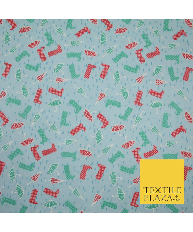 Blue Wellies & Umbrella Rain Printed Poly Cotton Fabric Polycotton Craft 6364