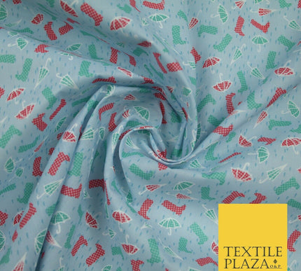 Blue Wellies & Umbrella Rain Printed Poly Cotton Fabric Polycotton Craft 6364