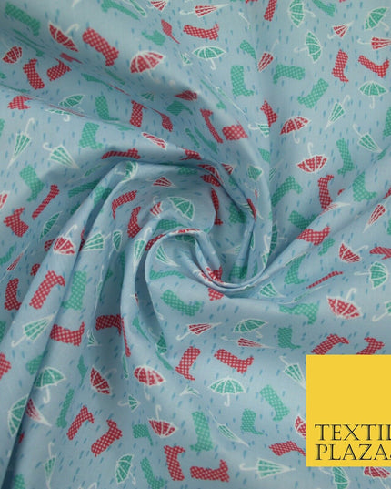 Blue Wellies & Umbrella Rain Printed Poly Cotton Fabric Polycotton Craft 6364