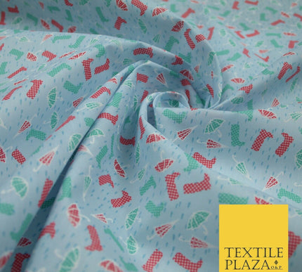Blue Wellies & Umbrella Rain Printed Poly Cotton Fabric Polycotton Craft 6364