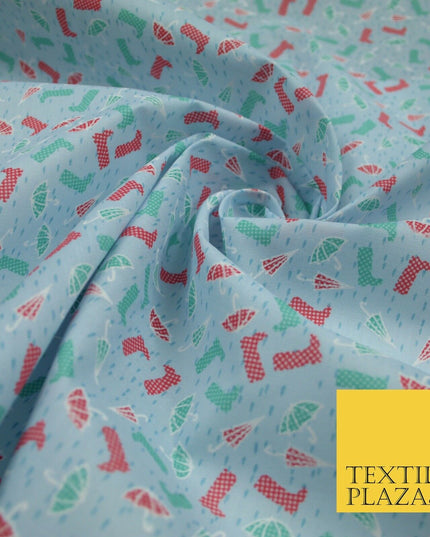 Blue Wellies & Umbrella Rain Printed Poly Cotton Fabric Polycotton Craft 6364