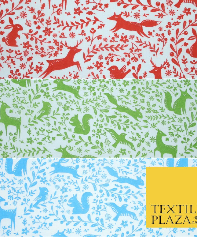 Festive Christmas Forest Animals Birds Printed Poly Cotton Fabric Polycotton 45"