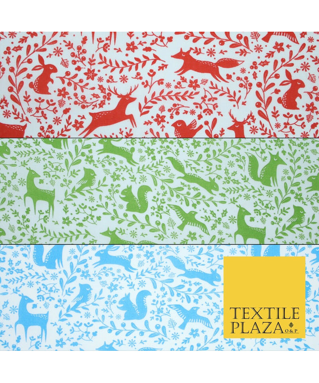 Festive Christmas Forest Animals Birds Printed Poly Cotton Fabric Polycotton 45"