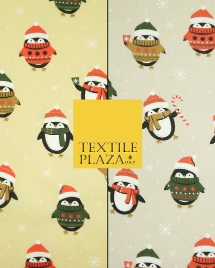 Festive Christmas Cosy Penguins Snowy Printed Poly Cotton Fabric Polycotton 45"