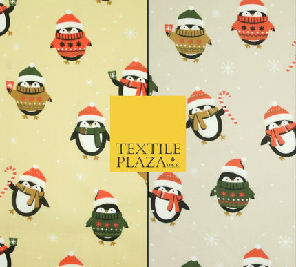 Festive Christmas Cosy Penguins Snowy Printed Poly Cotton Fabric Polycotton 45"