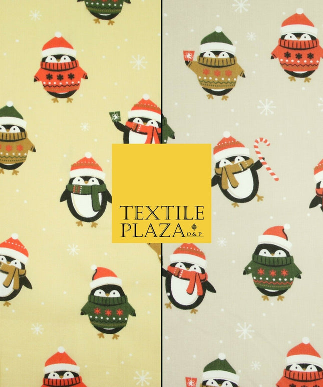 Festive Christmas Cosy Penguins Snowy Printed Poly Cotton Fabric Polycotton 45"