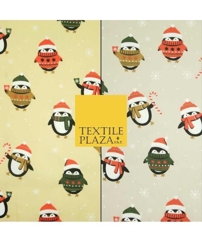 Festive Christmas Cosy Penguins Snowy Printed Poly Cotton Fabric Polycotton 45"