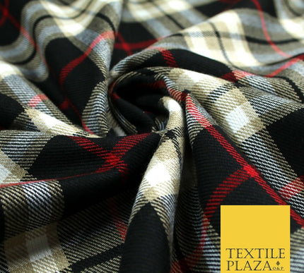 BEIGE BLACK RED TARTAN Polyester Viscose Fabric Material 58" Craft Dress 6441