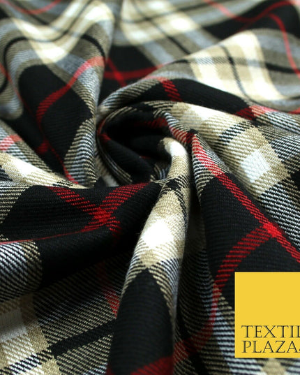 BEIGE BLACK RED TARTAN Polyester Viscose Fabric Material 58" Craft Dress 6441