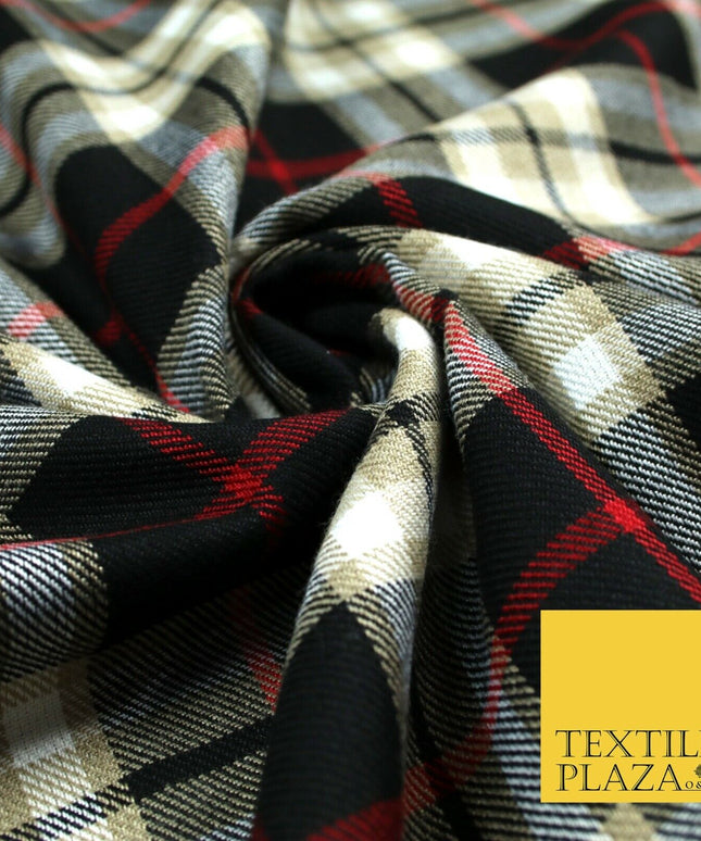 BEIGE BLACK RED TARTAN Polyester Viscose Fabric Material 58" Craft Dress 6441