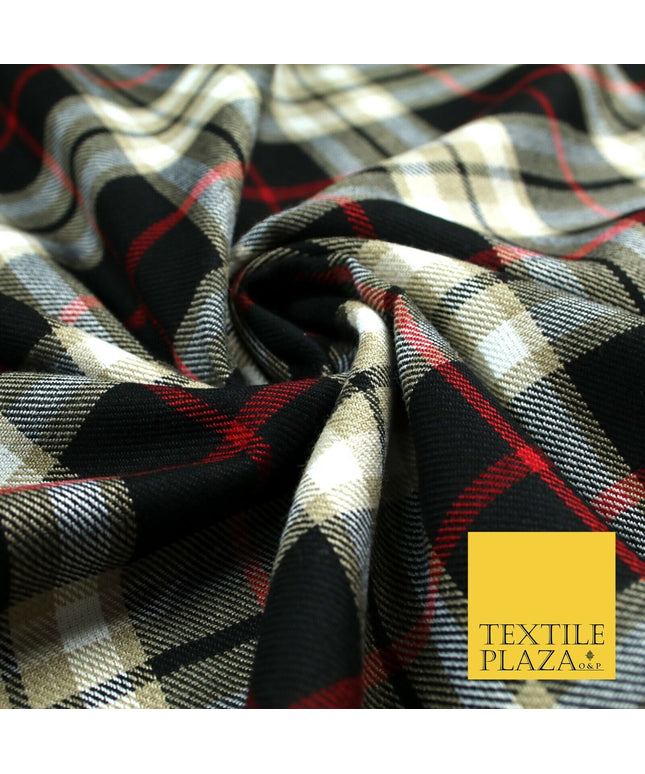 BEIGE BLACK RED TARTAN Polyester Viscose Fabric Material 58" Craft Dress 6441
