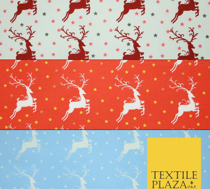 Festive Prancing Reindeers Stags Stars Printed Poly Cotton Fabric Polycotton 45"