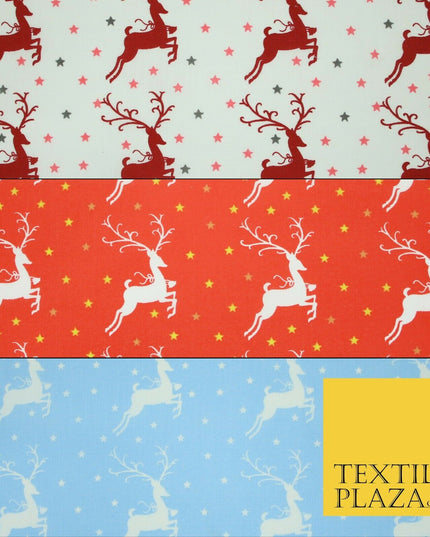 Festive Prancing Reindeers Stags Stars Printed Poly Cotton Fabric Polycotton 45"