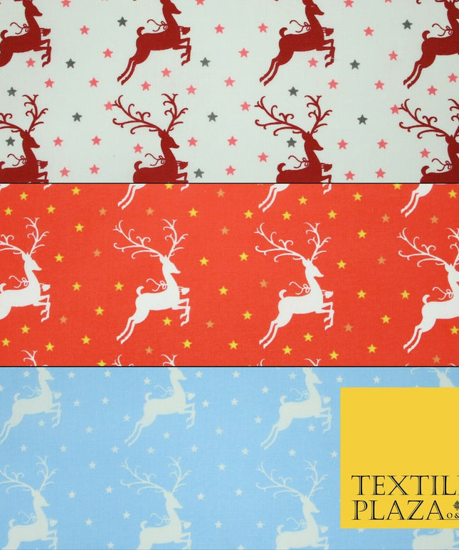 Festive Prancing Reindeers Stags Stars Printed Poly Cotton Fabric Polycotton 45"