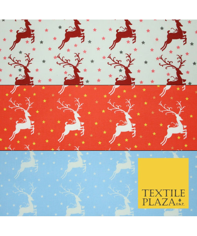 Festive Prancing Reindeers Stags Stars Printed Poly Cotton Fabric Polycotton 45"