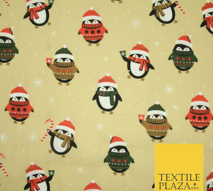 Festive Christmas Cosy Penguins Snowy Printed Poly Cotton Fabric Polycotton 45"