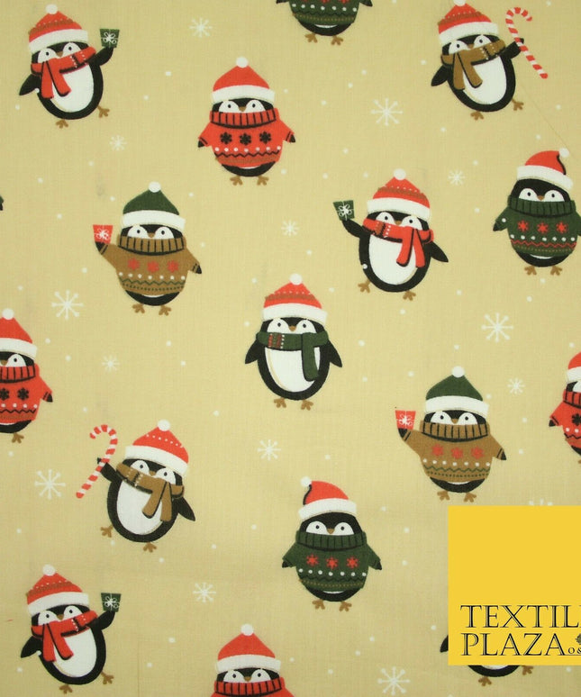 Festive Christmas Cosy Penguins Snowy Printed Poly Cotton Fabric Polycotton 45"