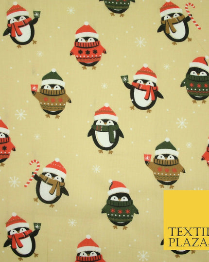 Festive Christmas Cosy Penguins Snowy Printed Poly Cotton Fabric Polycotton 45"