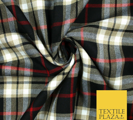 BEIGE BLACK RED TARTAN Polyester Viscose Fabric Material 58" Craft Dress 6441