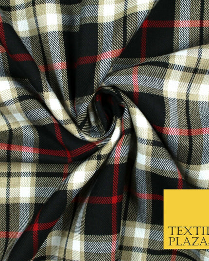 BEIGE BLACK RED TARTAN Polyester Viscose Fabric Material 58" Craft Dress 6441