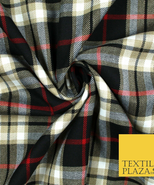 BEIGE BLACK RED TARTAN Polyester Viscose Fabric Material 58" Craft Dress 6441