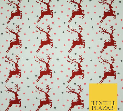Festive Prancing Reindeers Stags Stars Printed Poly Cotton Fabric Polycotton 45"