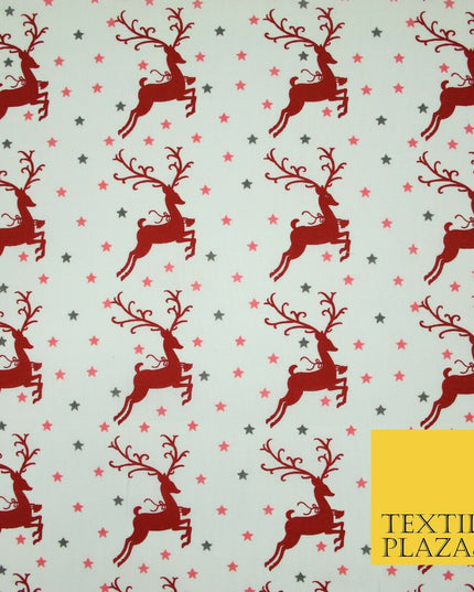 Festive Prancing Reindeers Stags Stars Printed Poly Cotton Fabric Polycotton 45"