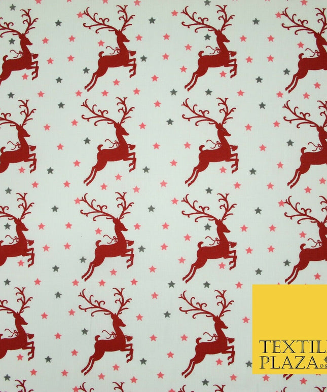 Festive Prancing Reindeers Stags Stars Printed Poly Cotton Fabric Polycotton 45"