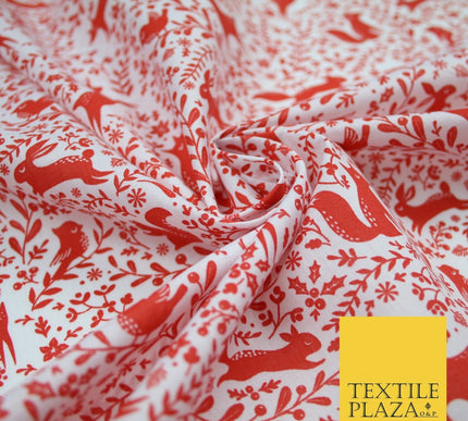 Festive Christmas Forest Animals Birds Printed Poly Cotton Fabric Polycotton 45"