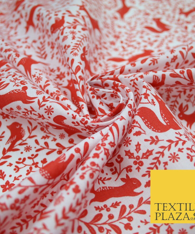 Festive Christmas Forest Animals Birds Printed Poly Cotton Fabric Polycotton 45"