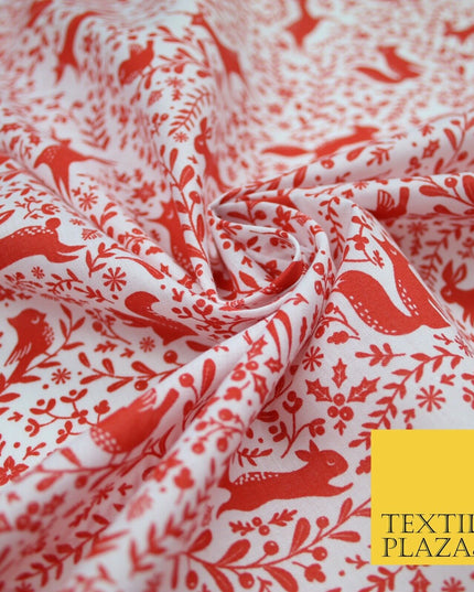 Festive Christmas Forest Animals Birds Printed Poly Cotton Fabric Polycotton 45"