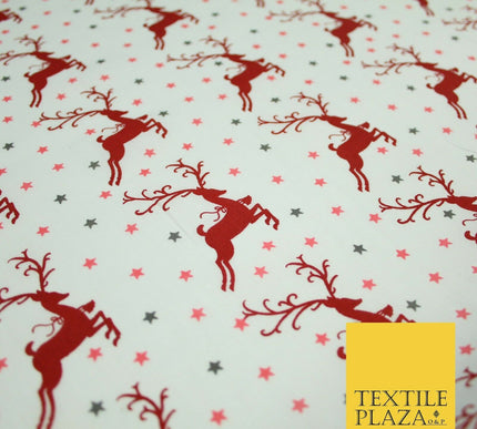 Festive Prancing Reindeers Stags Stars Printed Poly Cotton Fabric Polycotton 45"