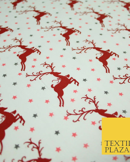 Festive Prancing Reindeers Stags Stars Printed Poly Cotton Fabric Polycotton 45"
