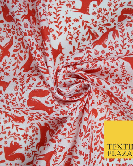 Festive Christmas Forest Animals Birds Printed Poly Cotton Fabric Polycotton 45"