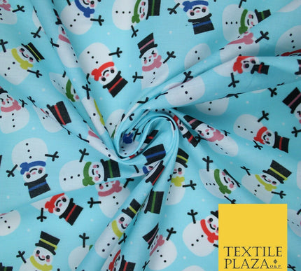Festive Christmas Smart Happy Snowman Printed Poly Cotton Fabric Polycotton 45"