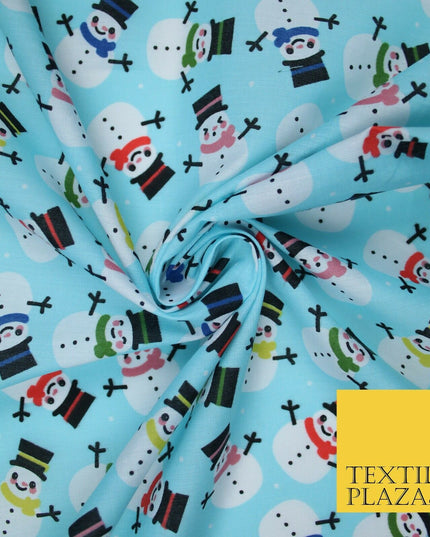 Festive Christmas Smart Happy Snowman Printed Poly Cotton Fabric Polycotton 45"